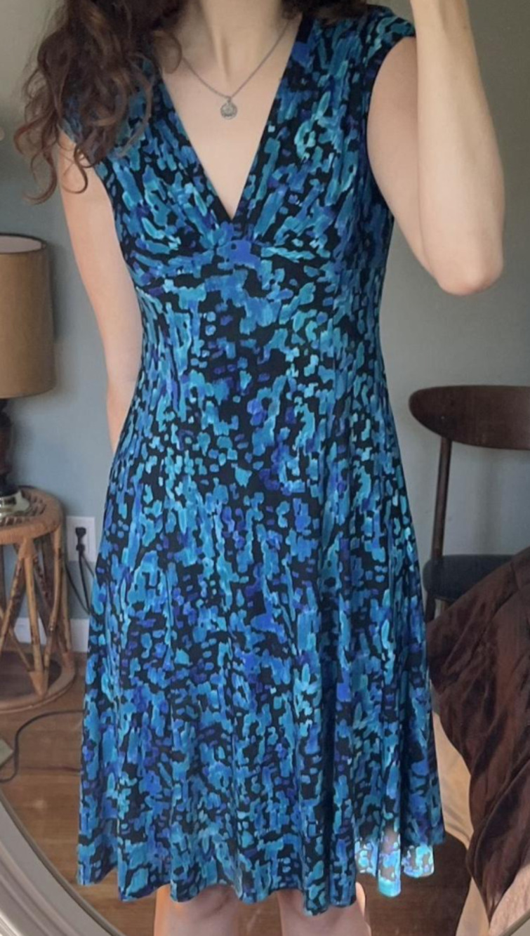 Blue Printed Ralph Lauren Chaps Fit and Flare Dress Size M